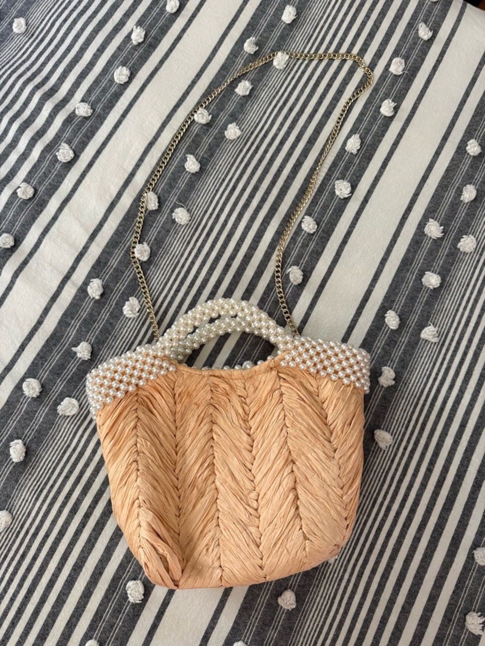 Zara Pearl-Trim Raffia Mini Shoulder Bag in Natural